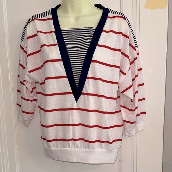 Vintage 70s/80s ACT 3 Red, White & Blue Striped Knit Top with 3/4 sleeves - Picture 1 of 8